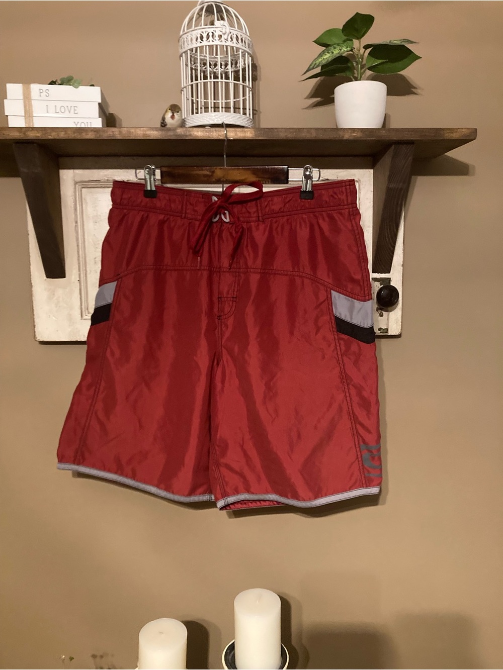 Men's Red Swim Trunks with Contrast Trim and Drawstring